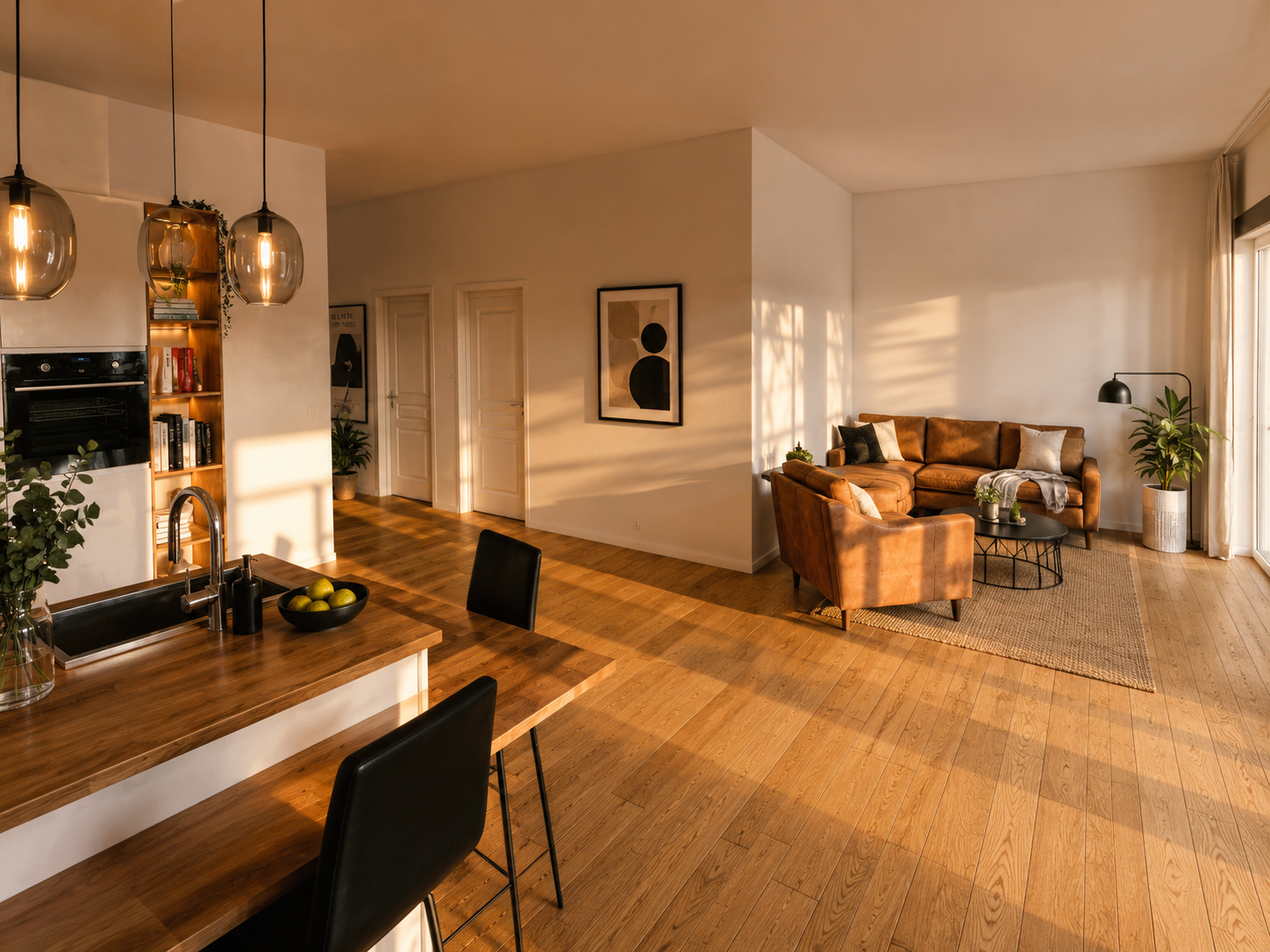 Heller offener Wohnbereich eines Elysia Apartments im warmen Abendlicht
