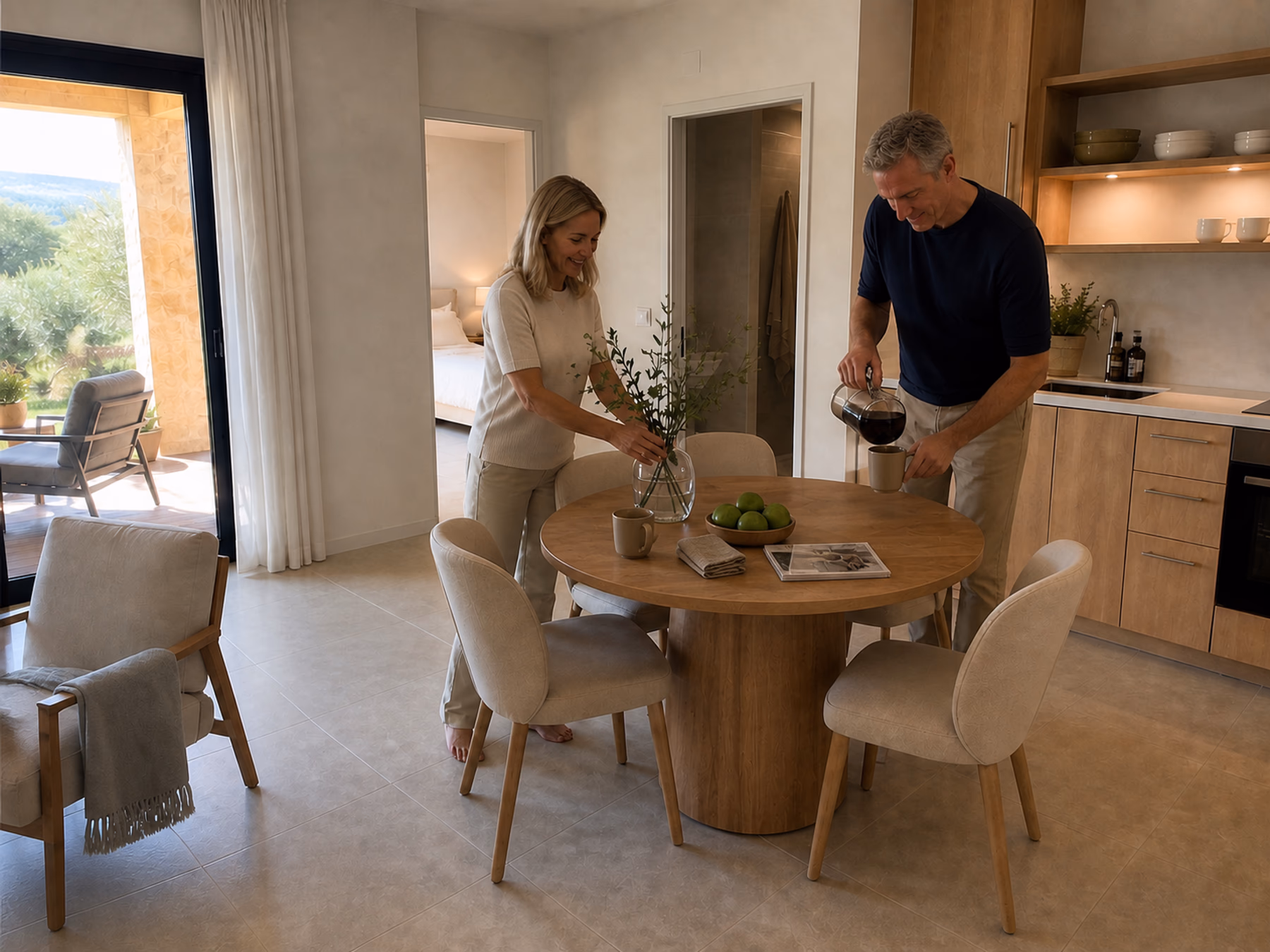 Bewohner im möblierten Essbereich eines Elysia Apartments