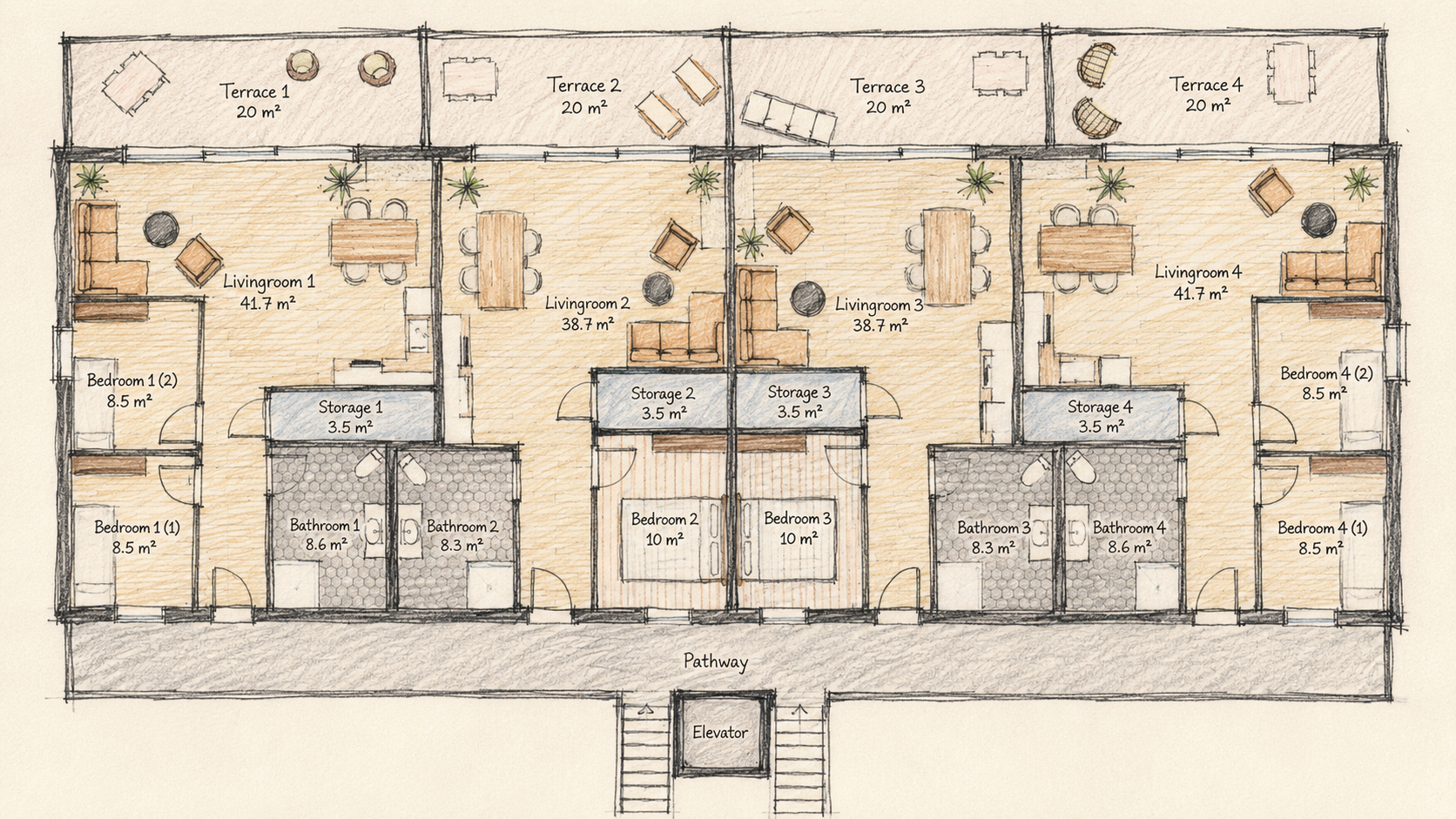 Hand drawn Elysia apartment floor plan with four homes and private terraces